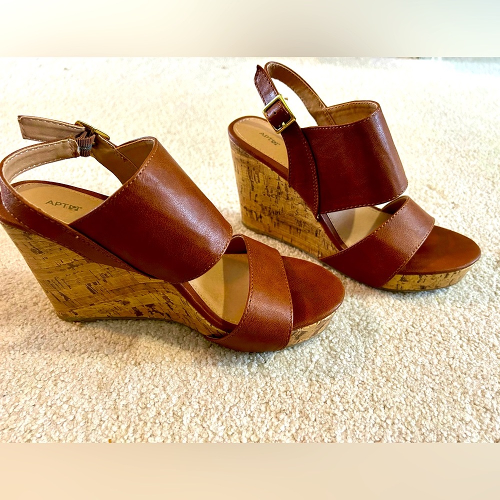 Cognac brown wedge sandals gently worn size 8.5